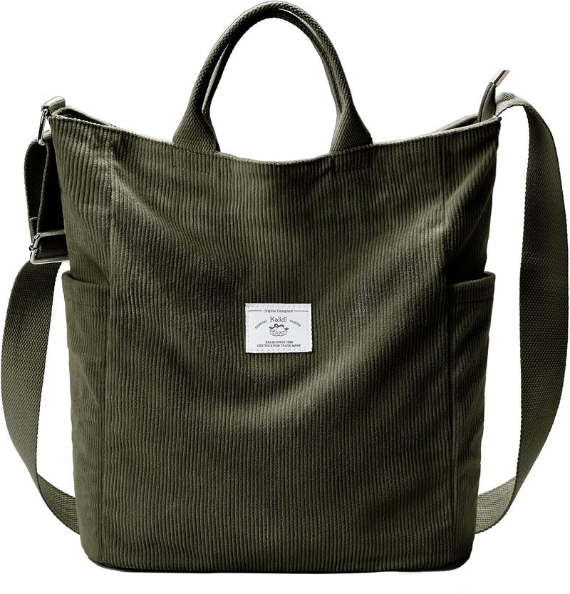 KALIDI Corduroy Tote Bag, Large Messenger Bag Shoulder Hobo Anti Splash Crossbody Zipper Bag Casual Work Shopping Women - Image 1
